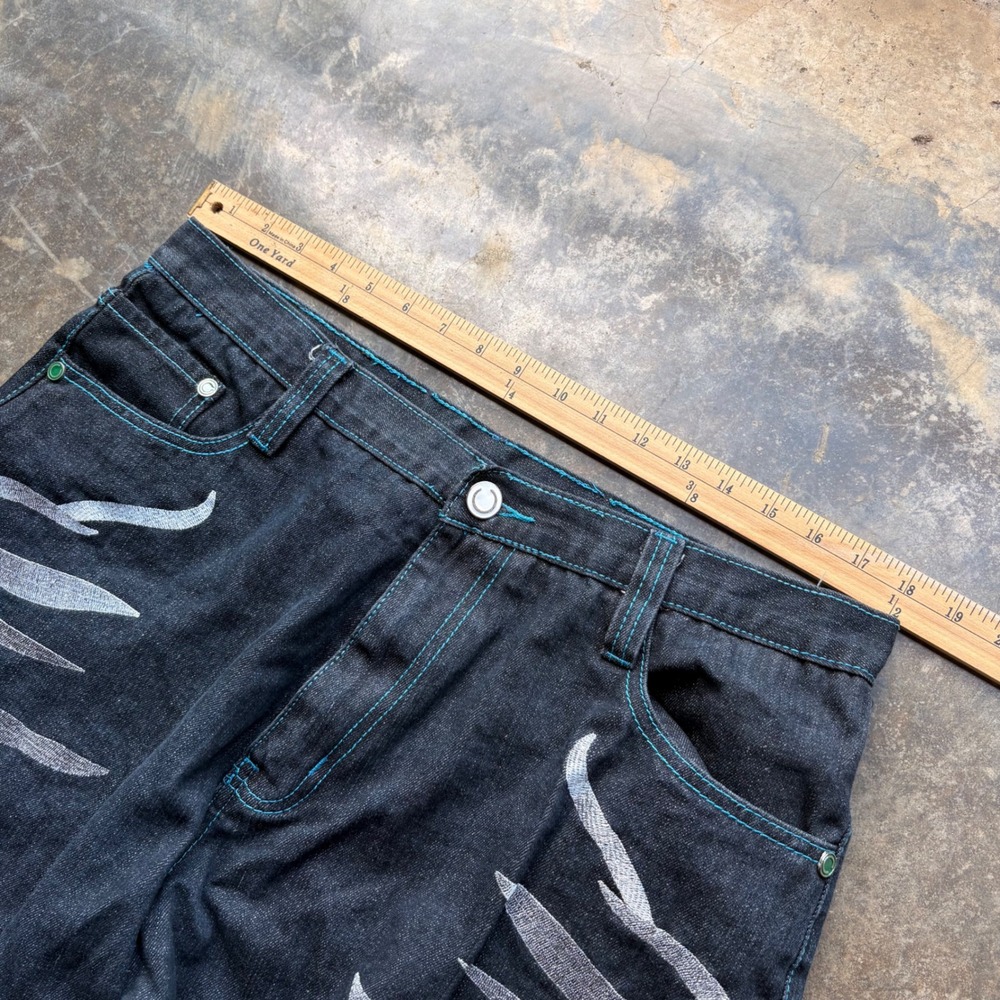 COOGI Mens Tiger Embroidered Baggy Jeans Dark Wash Denim Teal Stitching W38 - Picture 4 of 6